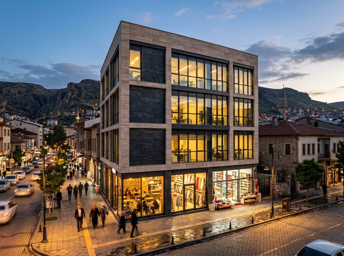 Bingöl'de satılık ve kiralık dükkan ile ofis katları bulunan modern ticari bina